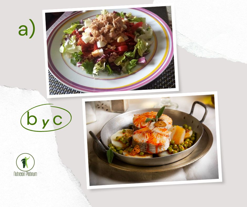 Ensalada de pimientos asados atún y huevo con merluza del pincho a la gallega